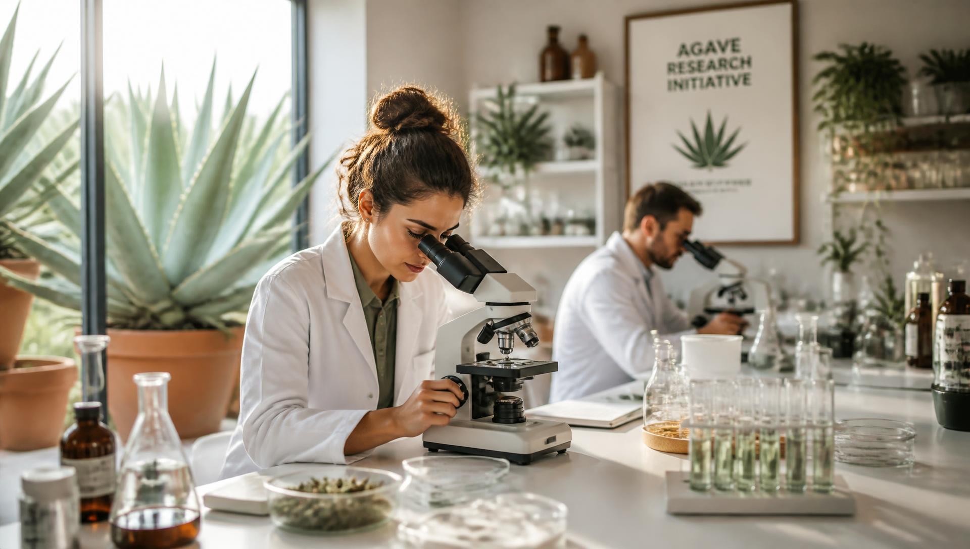 Agave Biomedical researchers working in a modern laboratory with natural light and agave plants